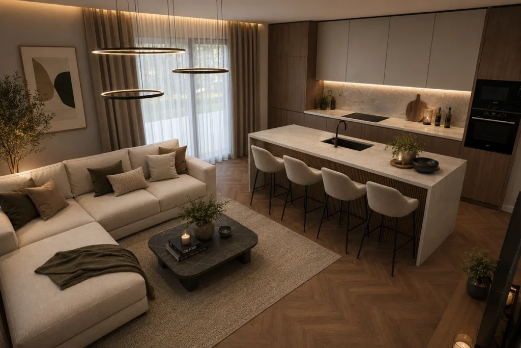 Modern luxus nappali nagyméretű márványhatású konyhaszigettel és elegáns bárszékekkel